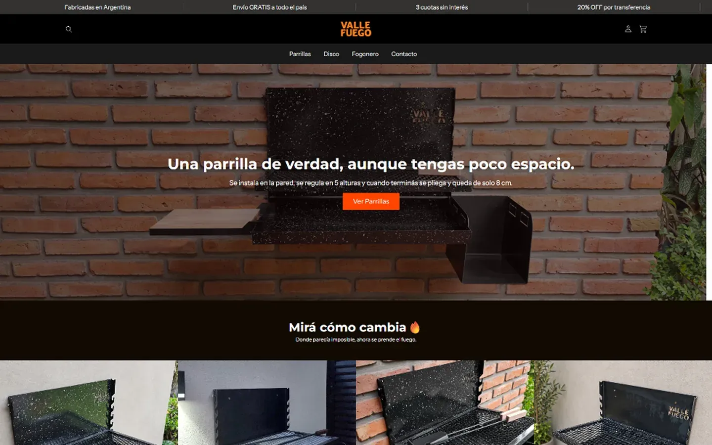 Home de la tienda de Valle Fuego: hero con la parrilla montada en una pared de ladrillo y el título "Una parrilla de verdad, aunque tengas poco espacio"