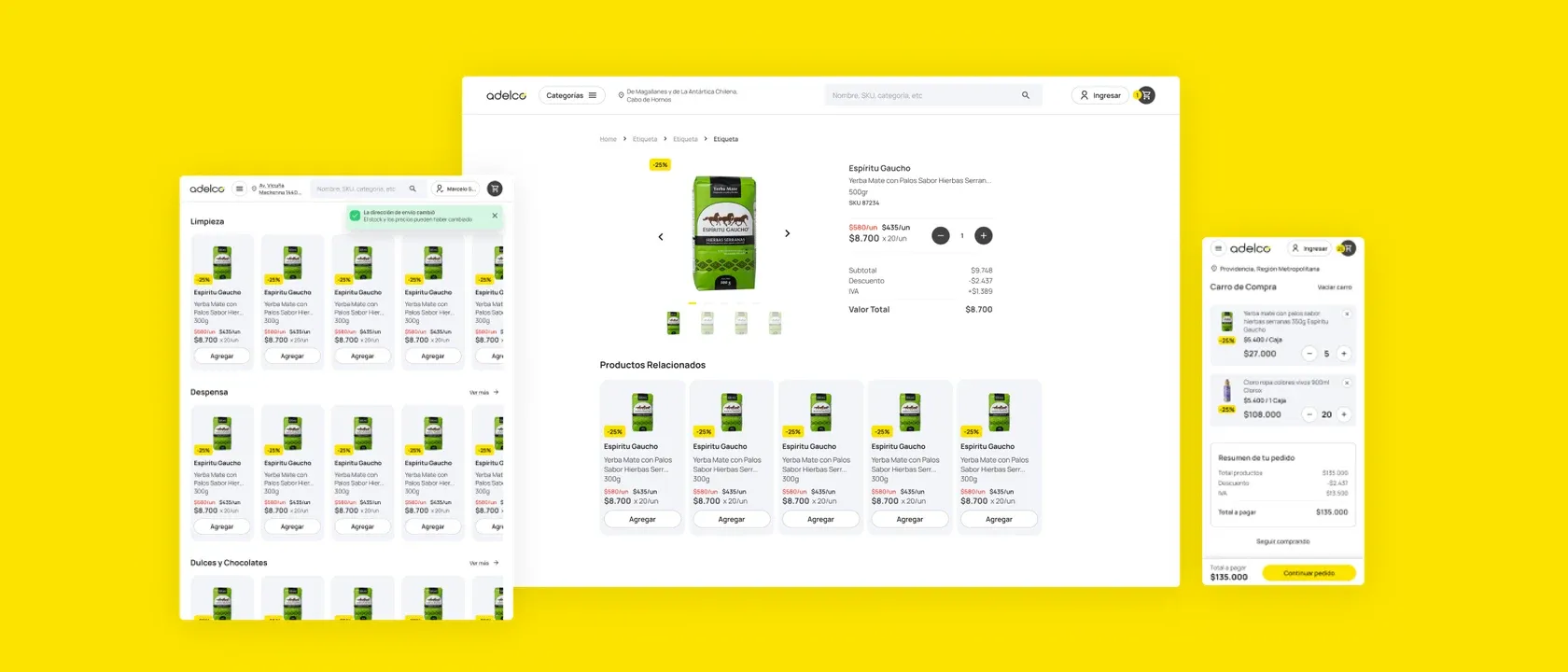 E-commerce de Adelco en desktop, tablet y mobile: ficha de producto, listado por categorías y carrito, sobre fondo amarillo