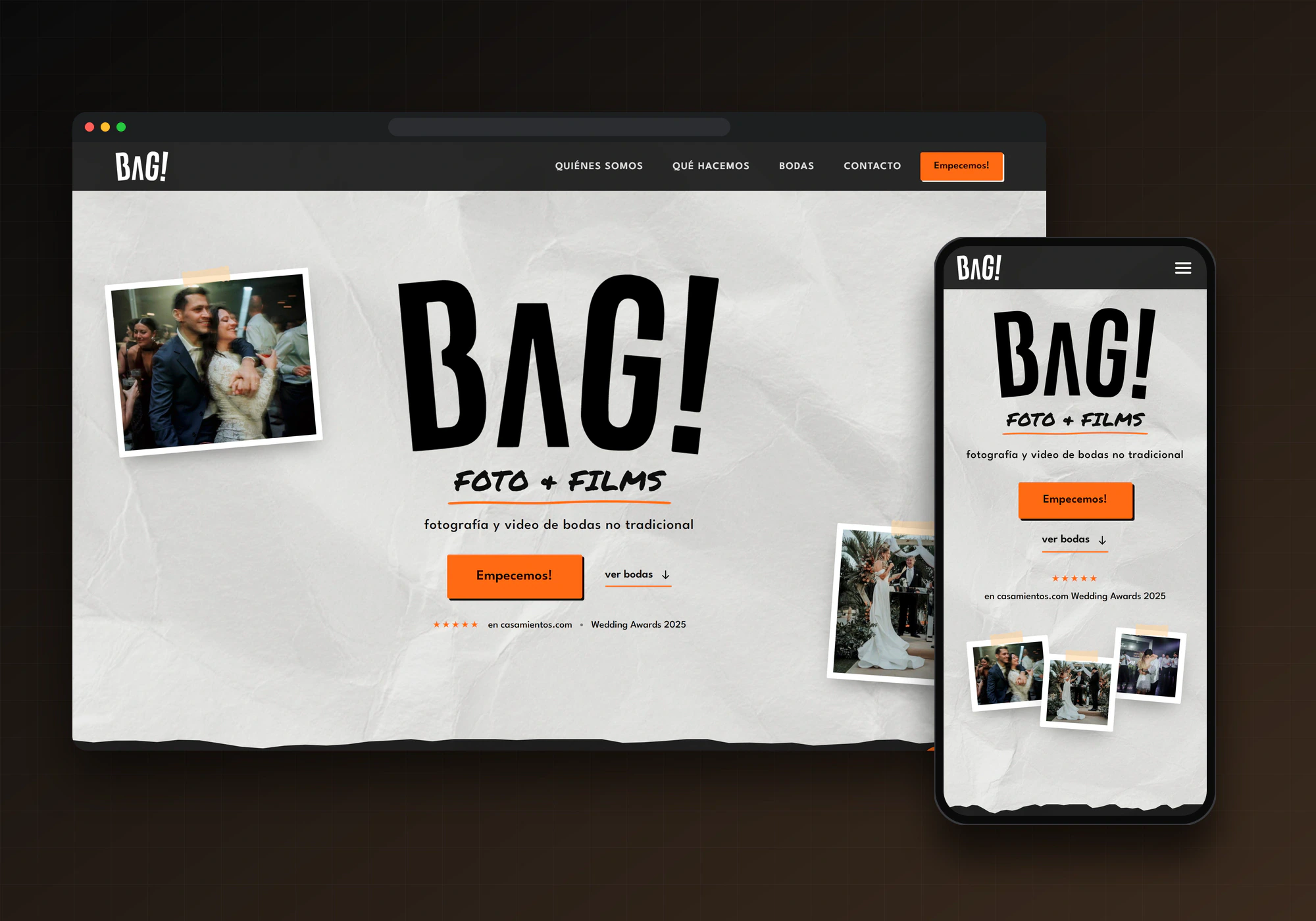 Sitio de Bag Films en computadora y celular: portada con el logo BAG!, foto y films de bodas, y fotos tipo polaroid