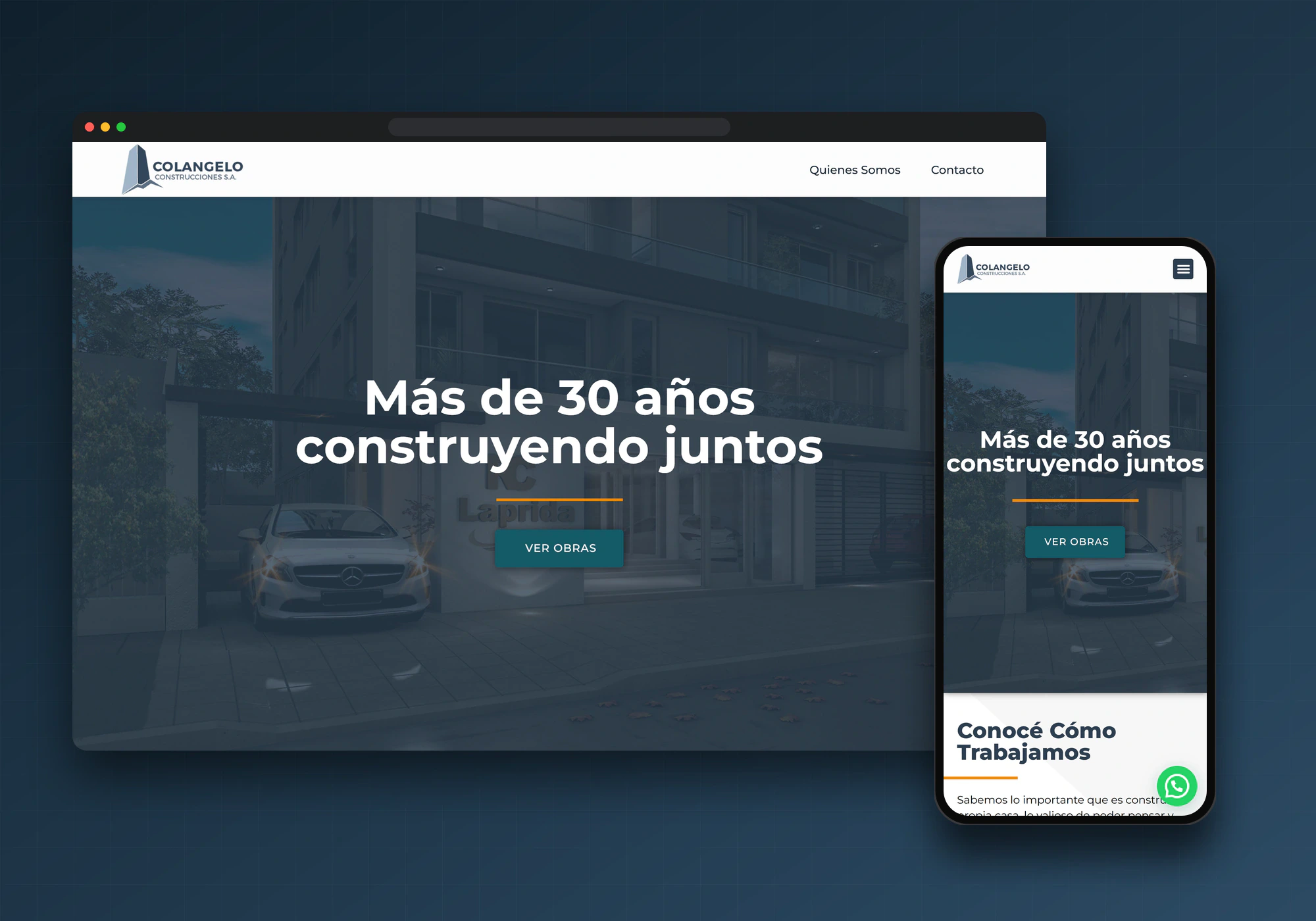Sitio de Colangelo Construcciones en computadora y celular: portada con el titular «Más de 30 años construyendo juntos»