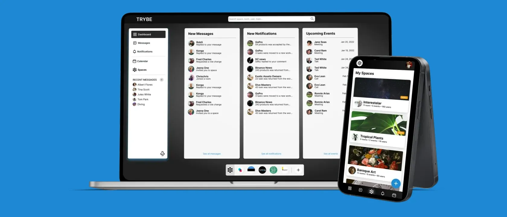 Mockup de laptop y celular mostrando el dashboard de Trybe, con mensajes nuevos, notificaciones y próximos eventos, y la lista de spaces en mobile, sobre fondo azul