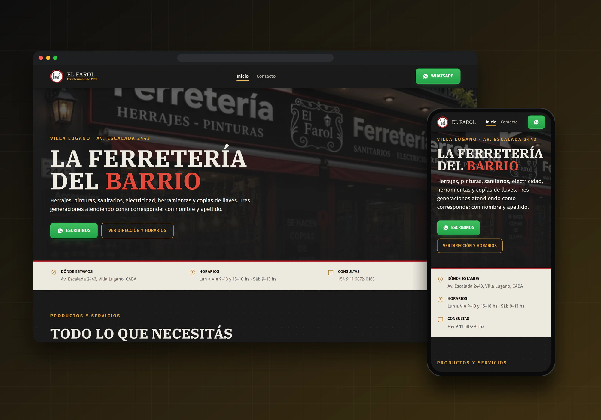 Sitio de El Farol Ferretería en computadora y celular: portada con el titular «La ferretería del barrio» y el frente del local