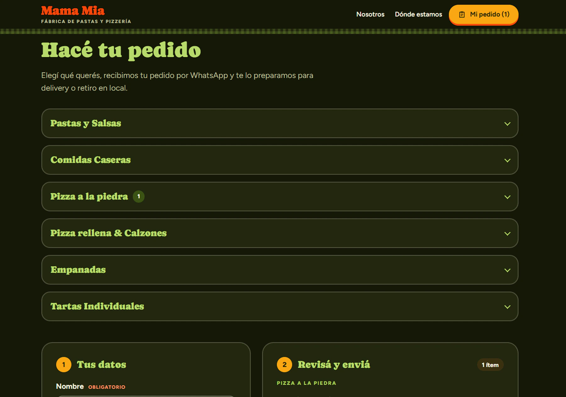 Sección «Hacé tu pedido» en computadora, con los grupos de la carta cerrados: pastas y salsas, comidas caseras, pizzas, empanadas y tartas