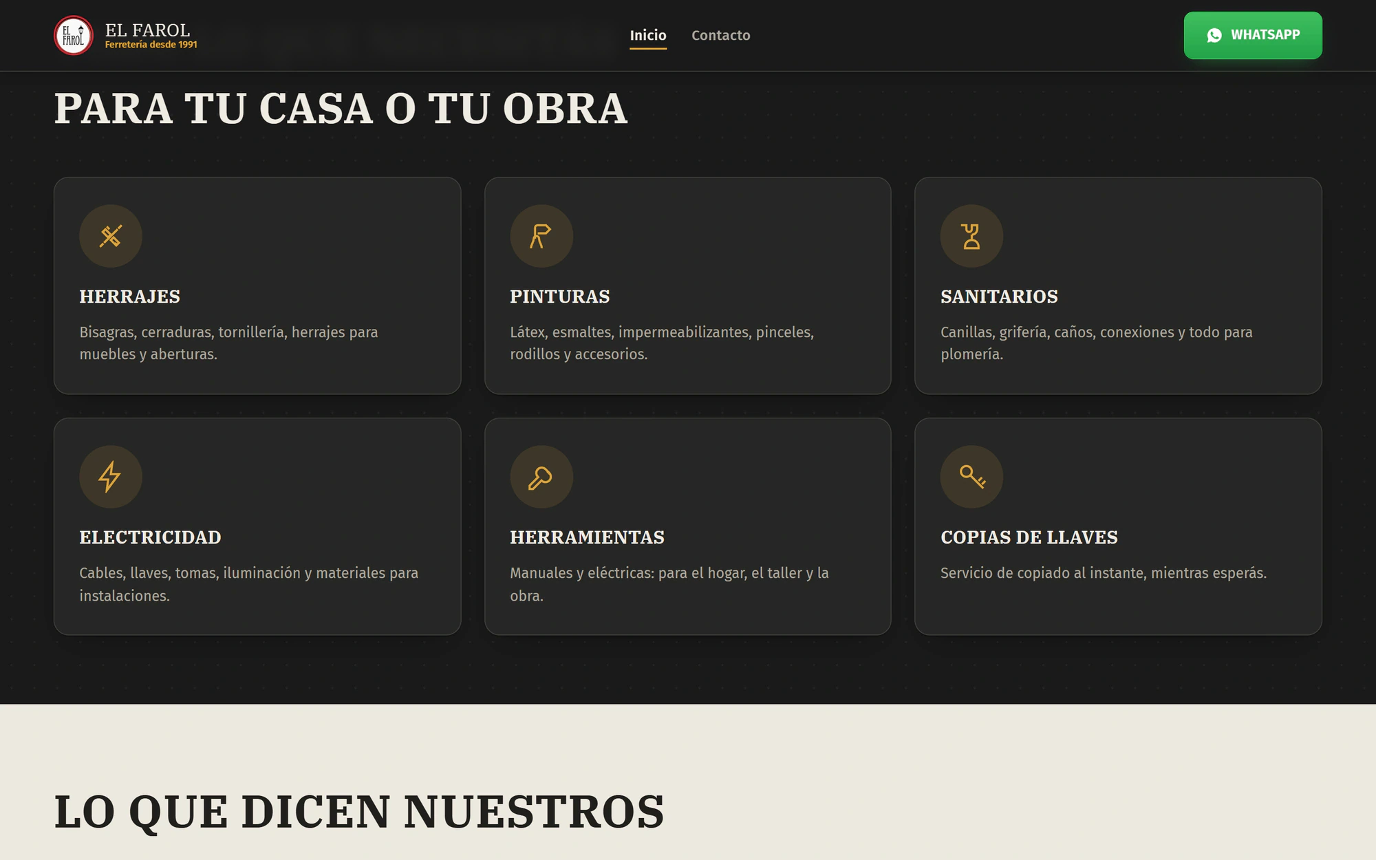 El Farol Ferretería: Productos y servicios — captura de escritorio
