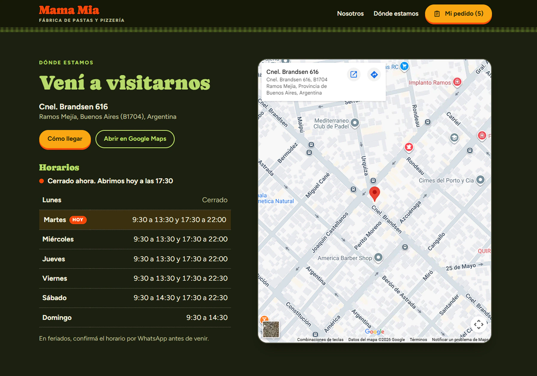 Sección «Dónde estamos» en computadora: dirección, botones para llegar, tabla de horarios con el día de hoy resaltado y mapa de Google