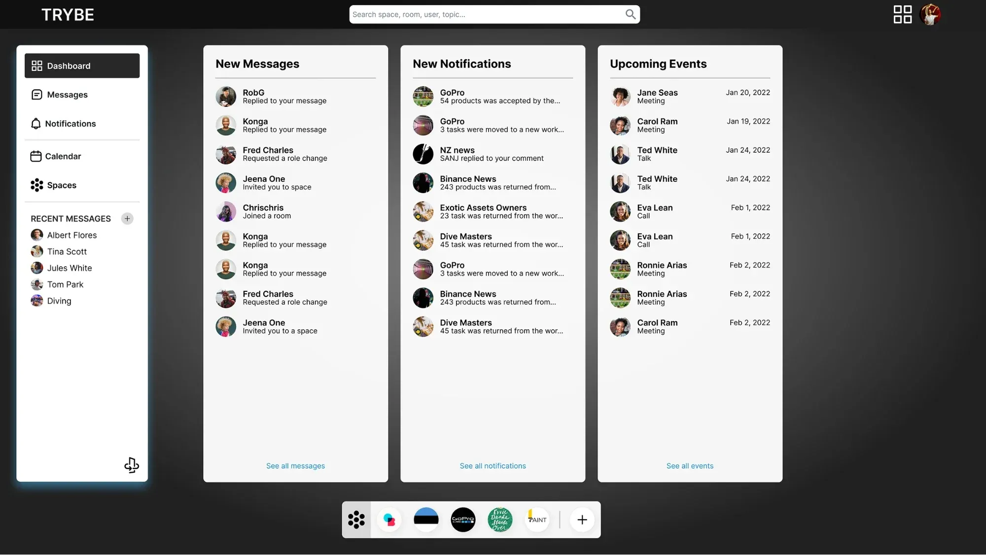 Dashboard de Trybe en computadora: mensajes nuevos, notificaciones y próximos eventos