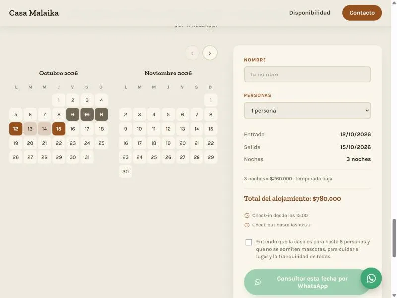 Herramienta de disponibilidad de Casa Malaika: calendario con fechas seleccionadas y precio desglosado
