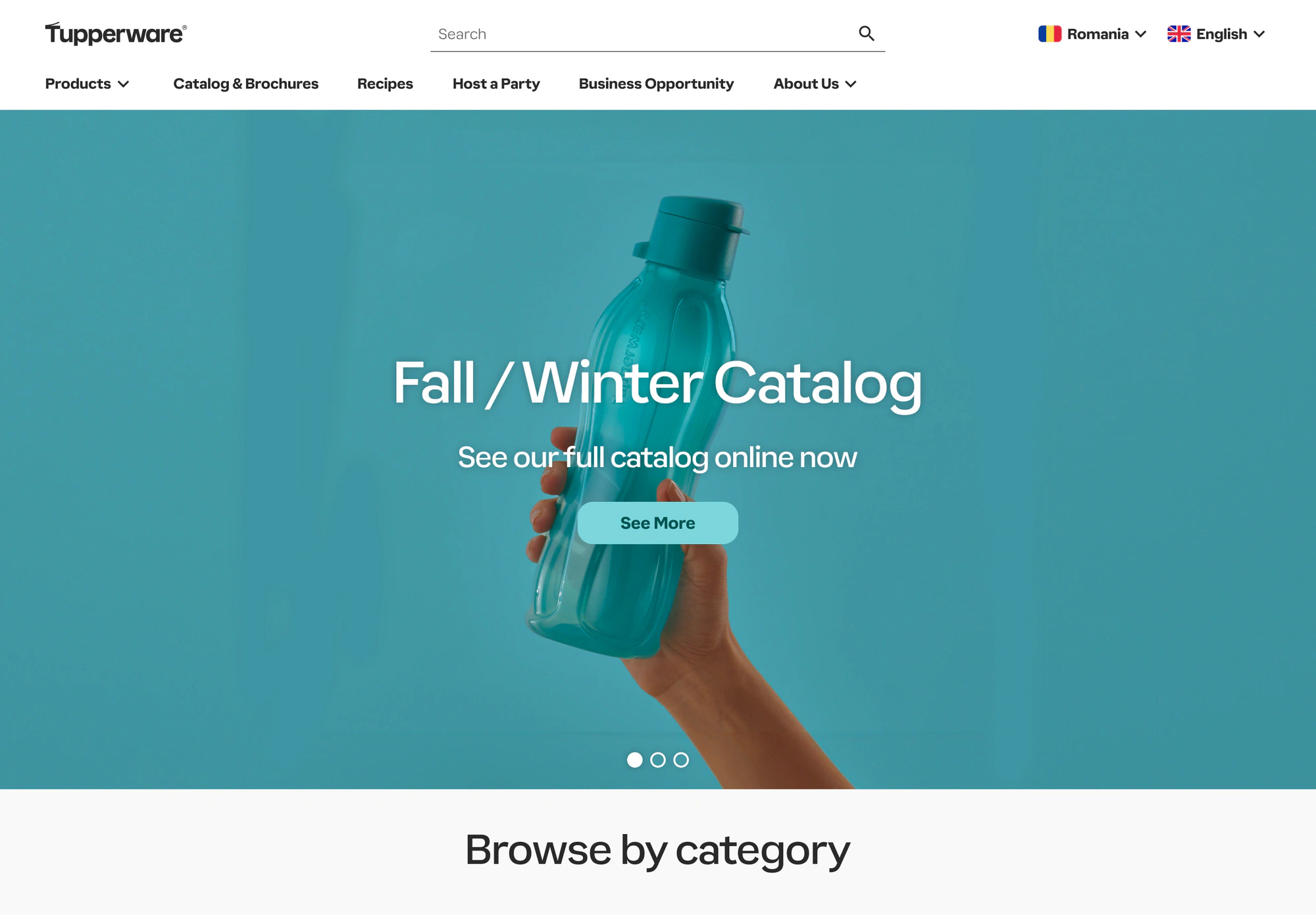 Home rediseñada de Tupperware en computadora: banner del catálogo de otoño e invierno y categorías con fotos