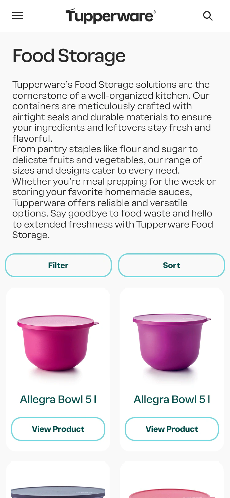 Listado de productos en el celular con botones Filter y Sort