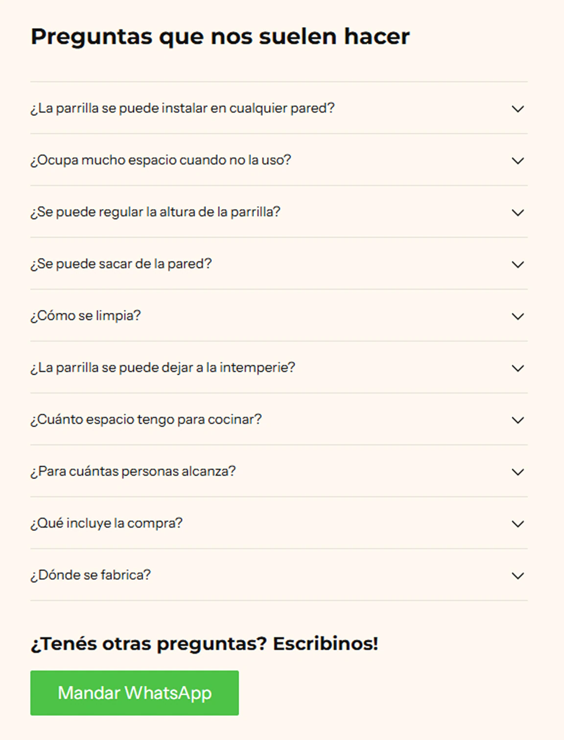 Sección «Preguntas que nos suelen hacer» con diez preguntas desplegables y un botón de WhatsApp