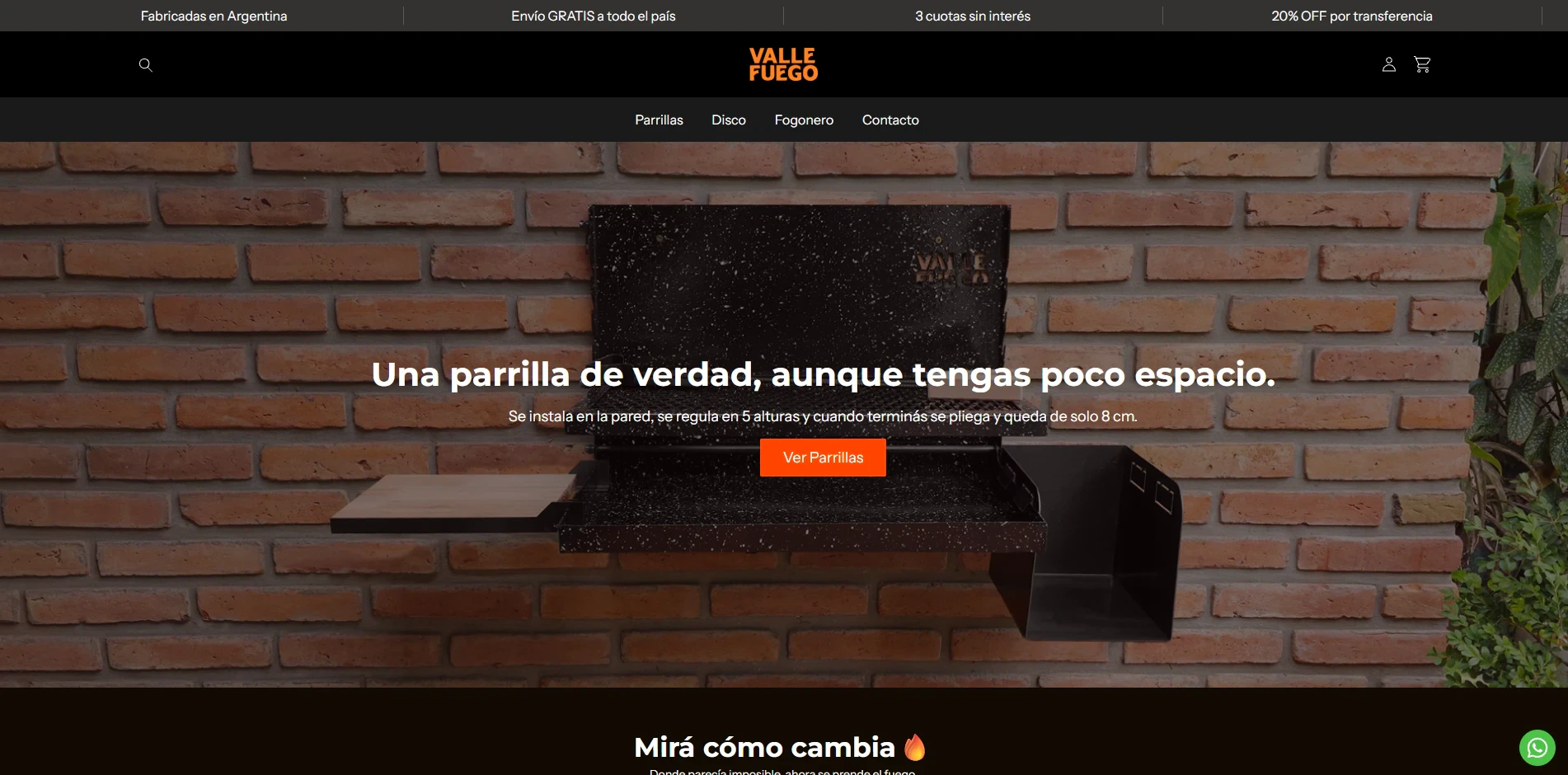 Home de la tienda de Valle Fuego: parrilla montada en una pared de ladrillo con el título «Una parrilla de verdad, aunque tengas poco espacio»