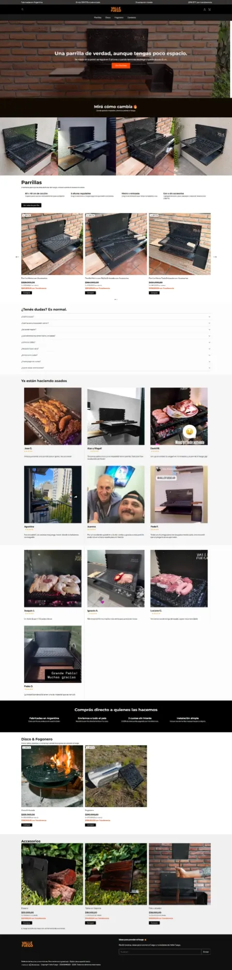 Valle Fuego homepage on desktop, with the wall-mounted grill hero and the “See it fold” section