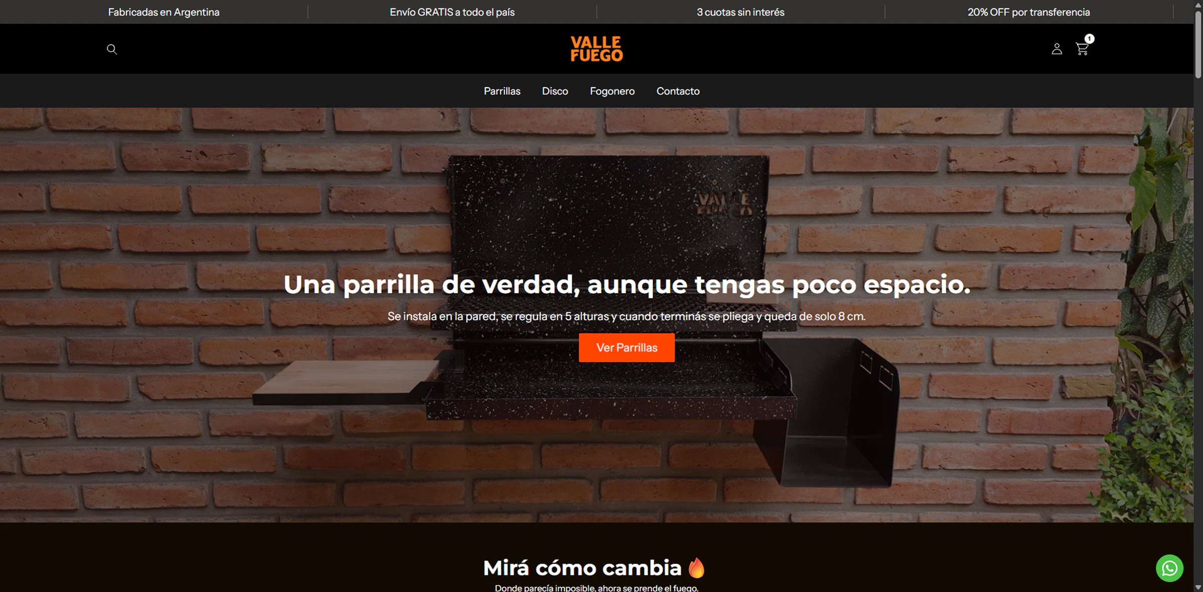 Home de la tienda de Valle Fuego en computadora: «Una parrilla de verdad, aunque tengas poco espacio», con la parrilla montada en la pared y el botón Ver Parrillas