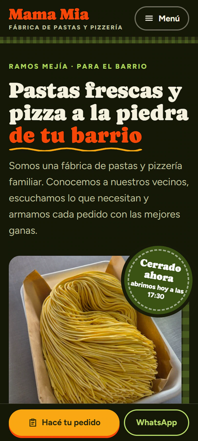 Portada del sitio en el celular, con el título, la foto de las pastas y la barra fija con los botones «Hacé tu pedido» y «WhatsApp»