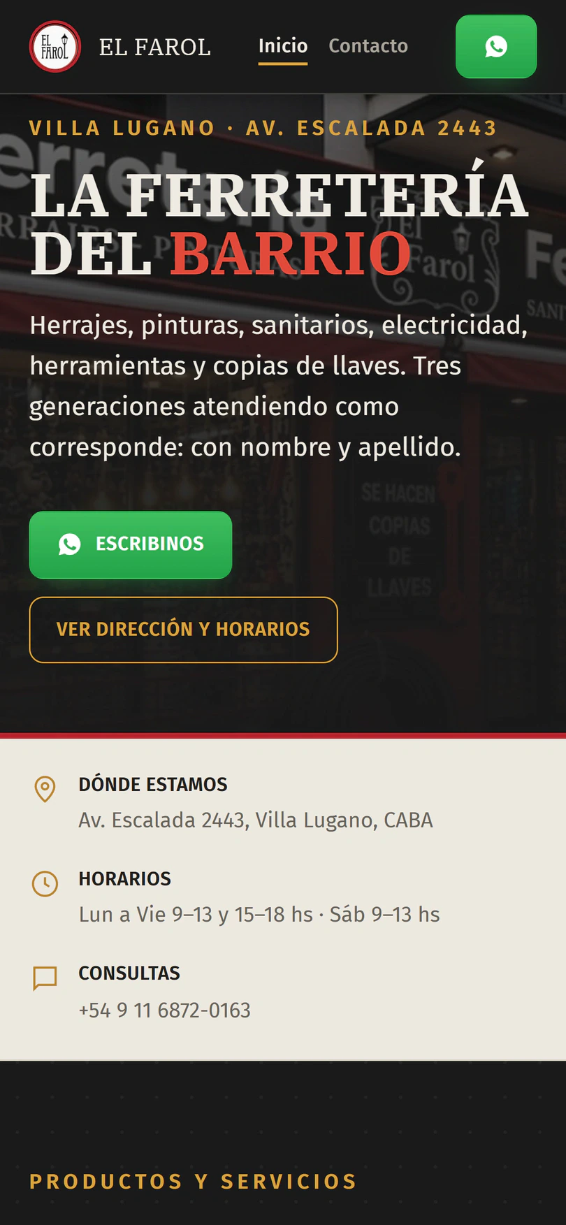 El Farol Ferretería: Inicio — captura en celular