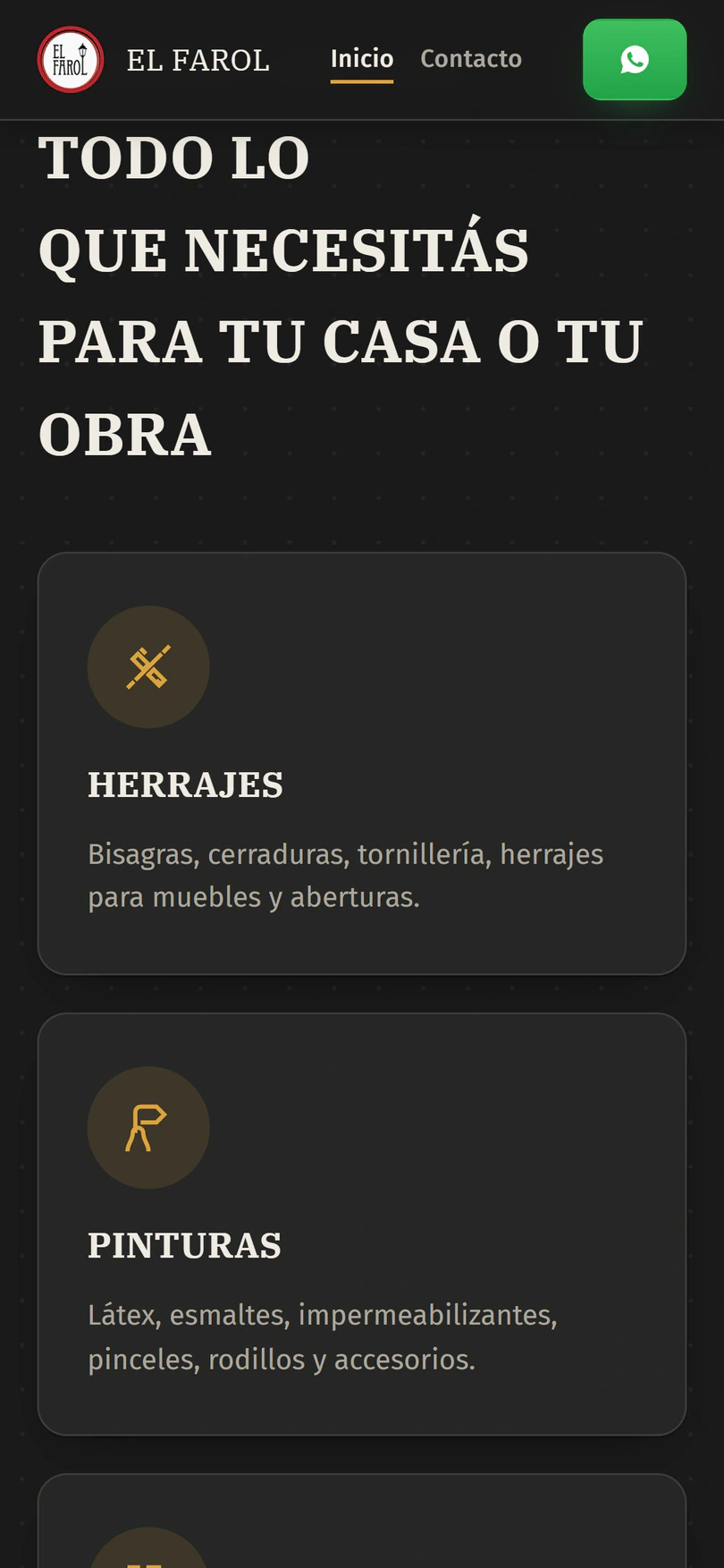 El Farol Ferretería: Rubros — captura en celular