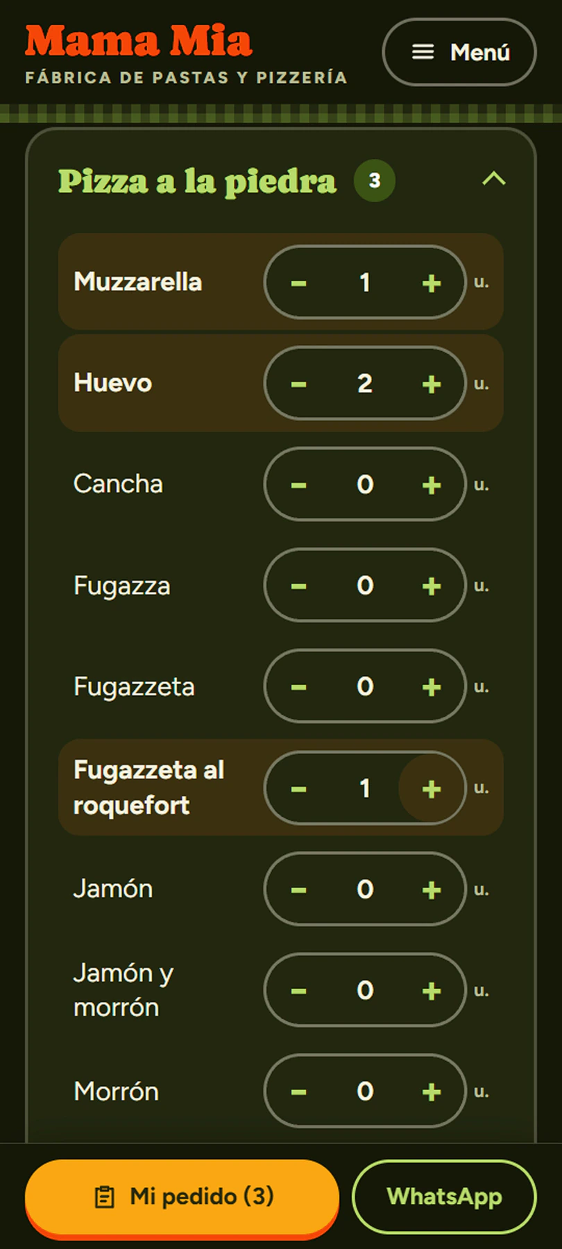 Grupo «Pizza a la piedra» abierto en el celular, con botones «+» y «−» y la barra «Mi pedido (3)»