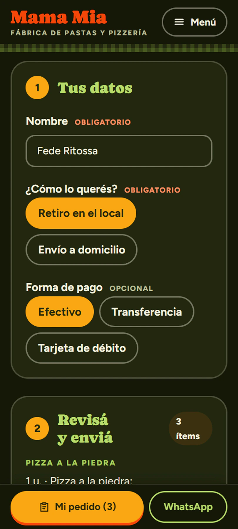 Paso «Tus datos» en el celular: nombre, retiro o envío y forma de pago