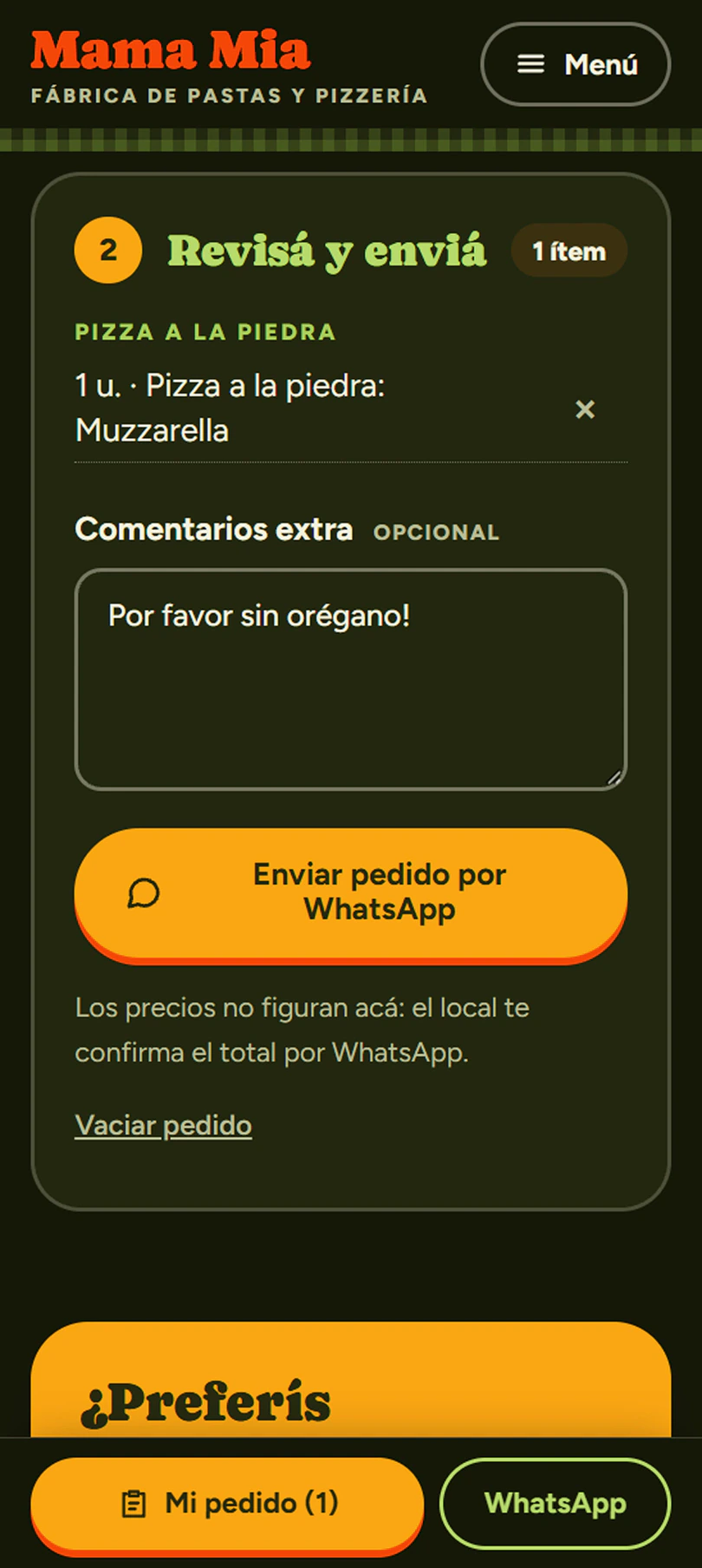 Paso «Revisá y enviá» en el celular, con el resumen, un campo de comentarios y el botón «Enviar pedido por WhatsApp»