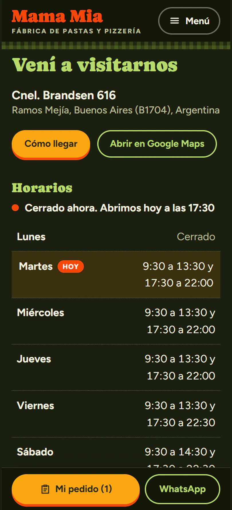 Sección «Dónde estamos» en el celular: dirección, botones para llegar y horarios con el día de hoy resaltado