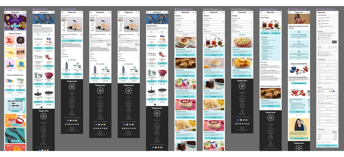 Frames mobile del rediseño: home, listado, ficha, ofertas, recetas y checkout