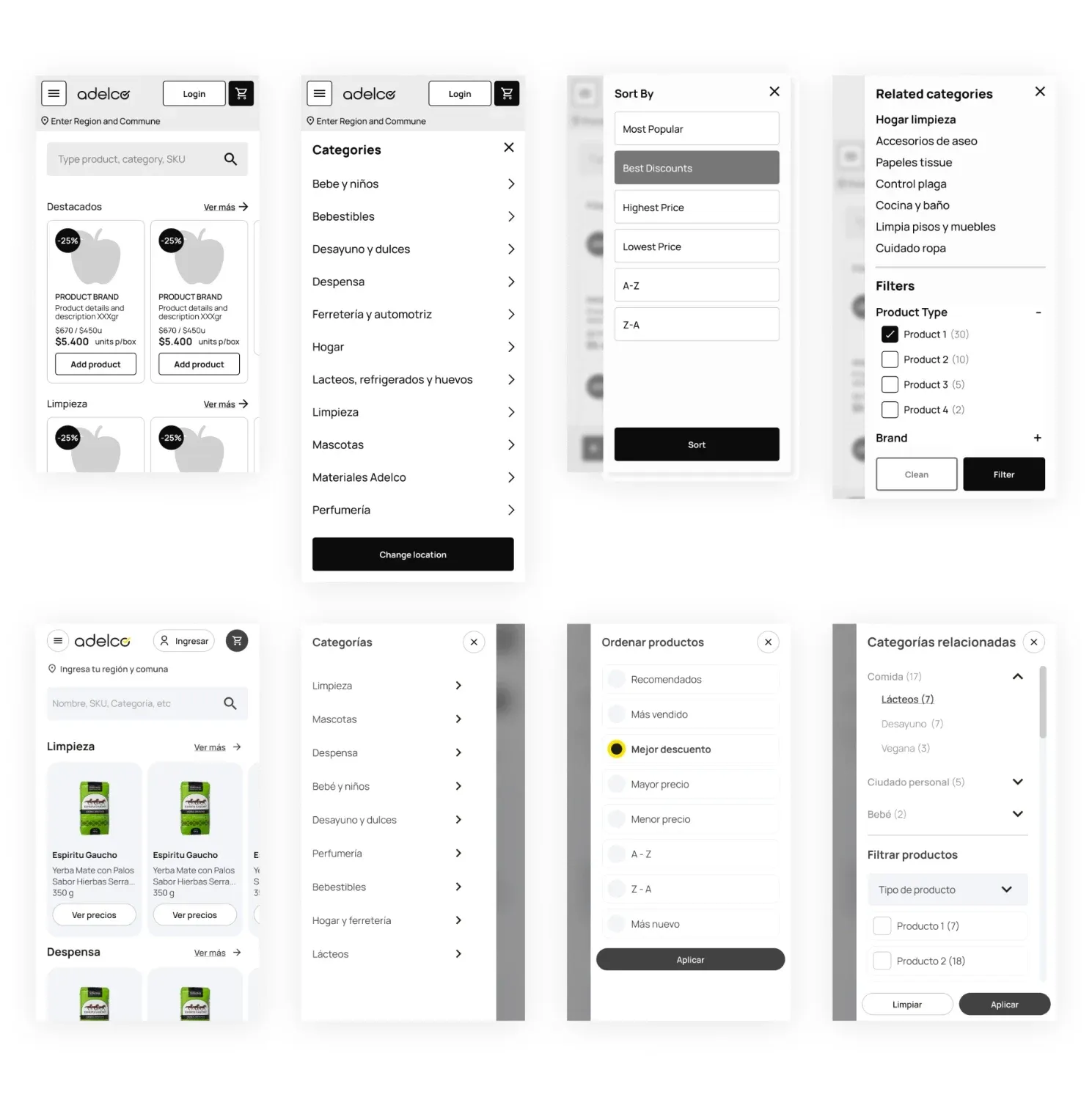 Pantallas mobile de Adelco: wireframes arriba y diseño final abajo