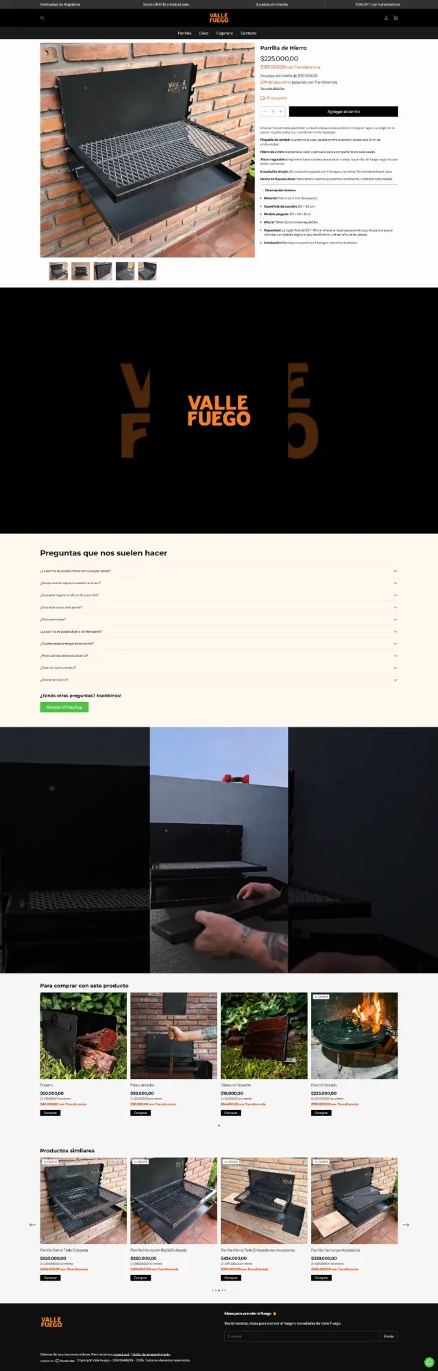 Iron Grill product page on desktop, with technical specs, FAQ, and cross-sell products