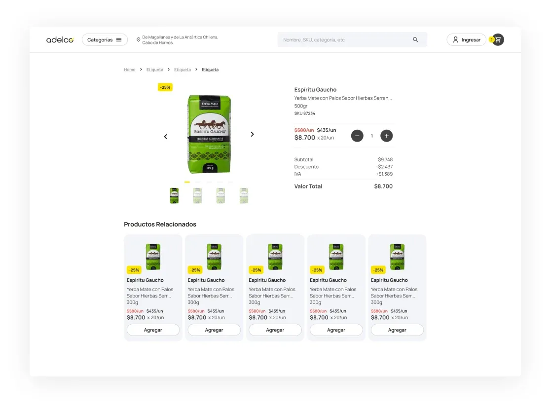Ficha de producto del e-commerce de Adelco en computadora, con precio por unidad y por caja, subtotal e IVA