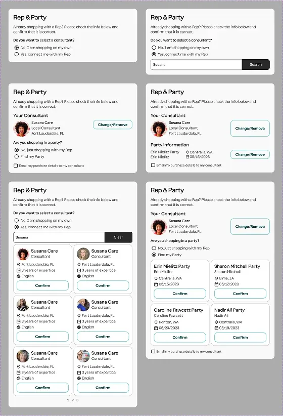 Componente Rep &amp; Party con sus estados: comprar solo, conectar con una representante, cambiar o quitar, y asociar una party