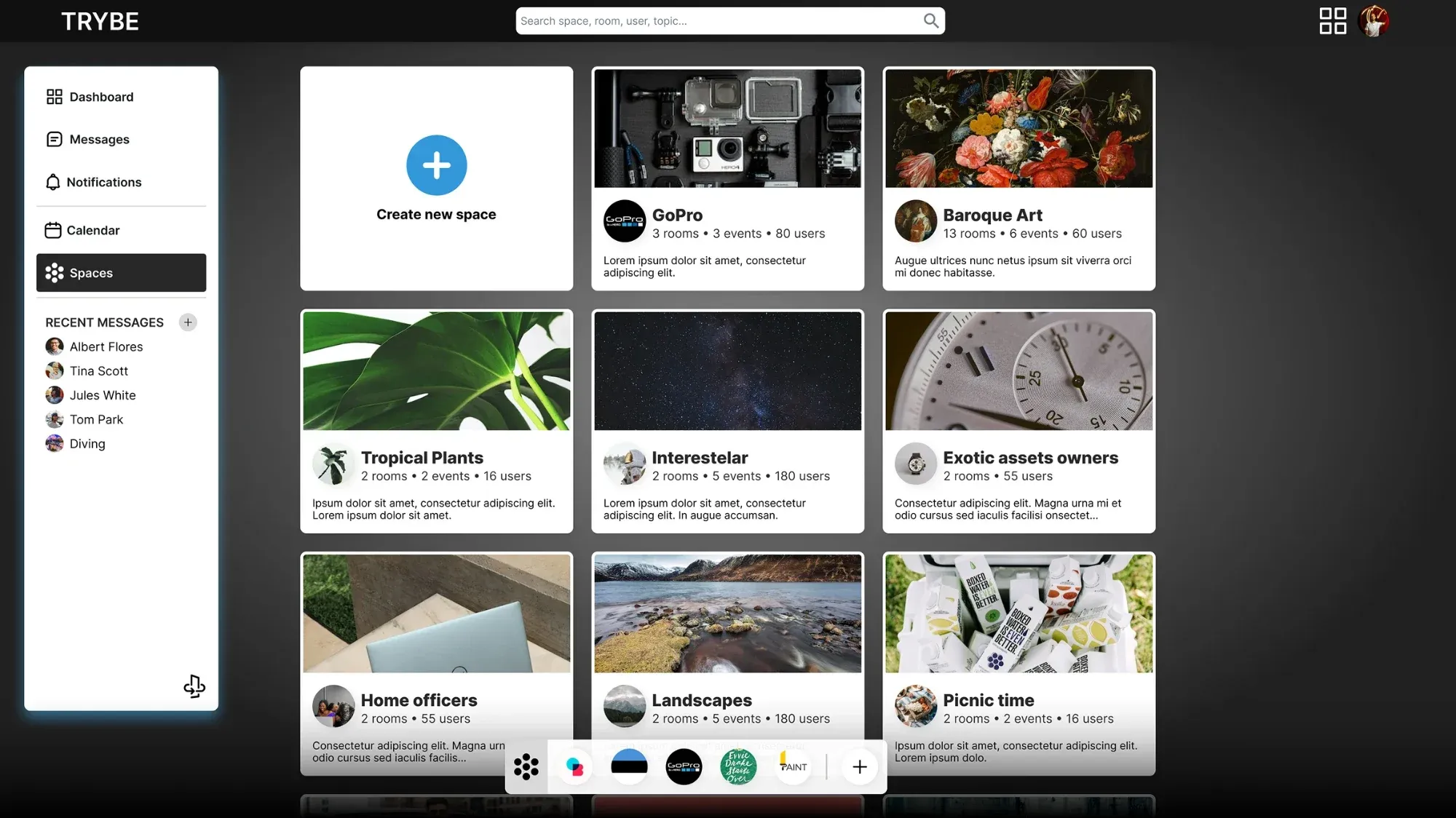Listado de spaces de Trybe en computadora, con tarjetas por comunidad
