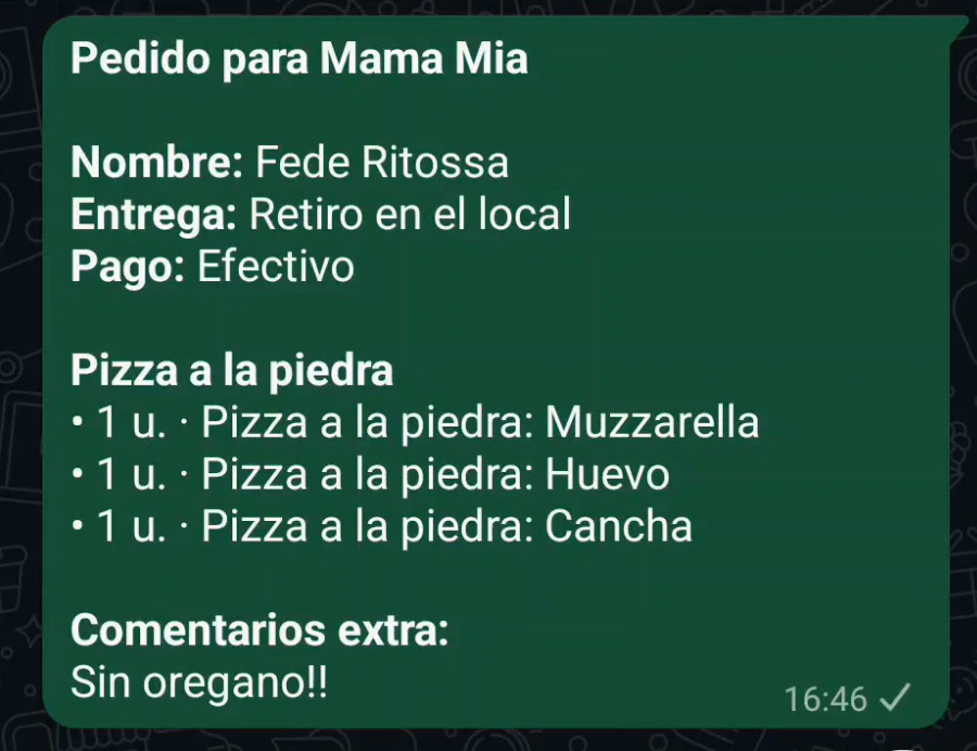 Mensaje de WhatsApp recibido con el pedido ya escrito: nombre, entrega, forma de pago, productos agrupados y comentarios extra